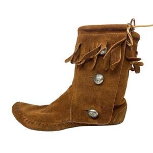 Taos Brown Fringed Suede Leather Tie Button Mid Calf Moccasin Boots Size 10.75